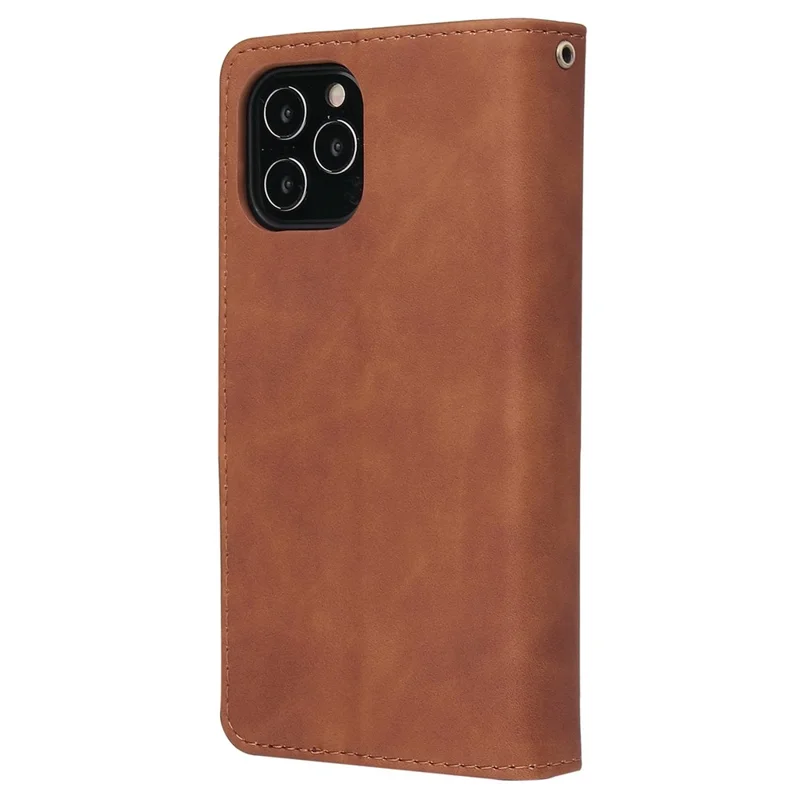 For iPhone 14 Plus 6.7 inch  Drop-proof Zipper Pocket Phone Wallet Case with Multiple Card Slots Protective PU Leather Flip Cover Stand - Brown