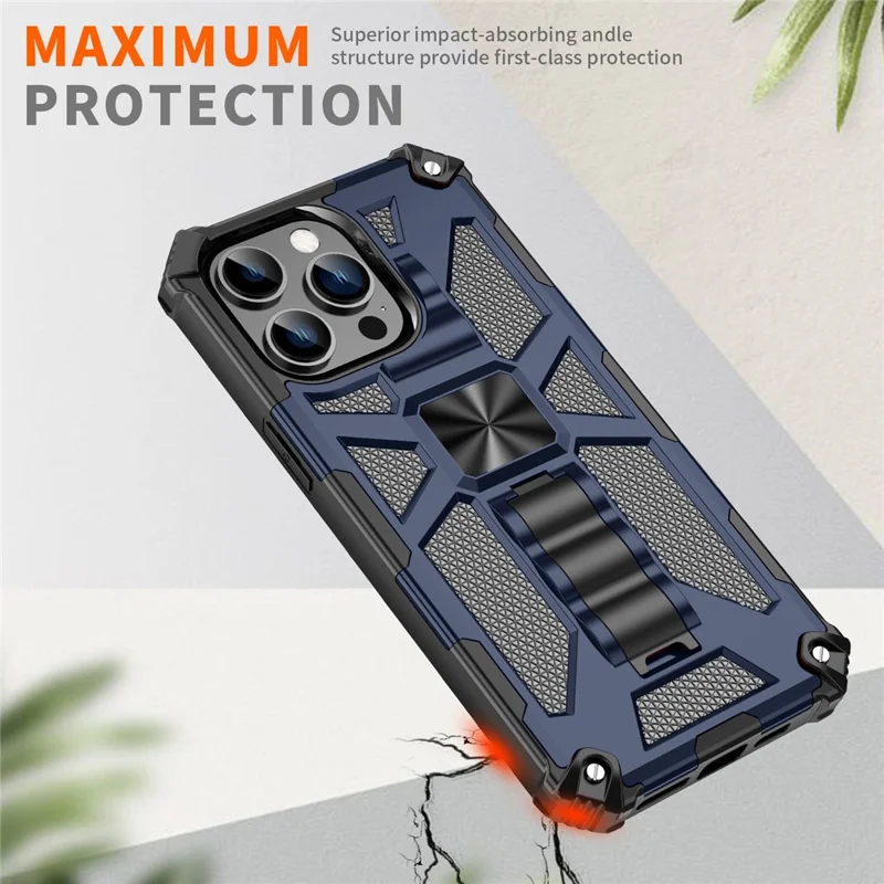 For iPhone 14 Pro Max 6.7 inch PC+TPU Armor Cover Magnetic Bracket Kickstand Anti-shock Anti-wear Cell Phone Shell - Blue