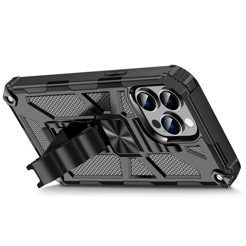 For iPhone 14 Pro 6.1 inch PC+TPU Shockproof Armor Cover Magnetic Bracket Anti-fall Kickstand Phone Cover - Black