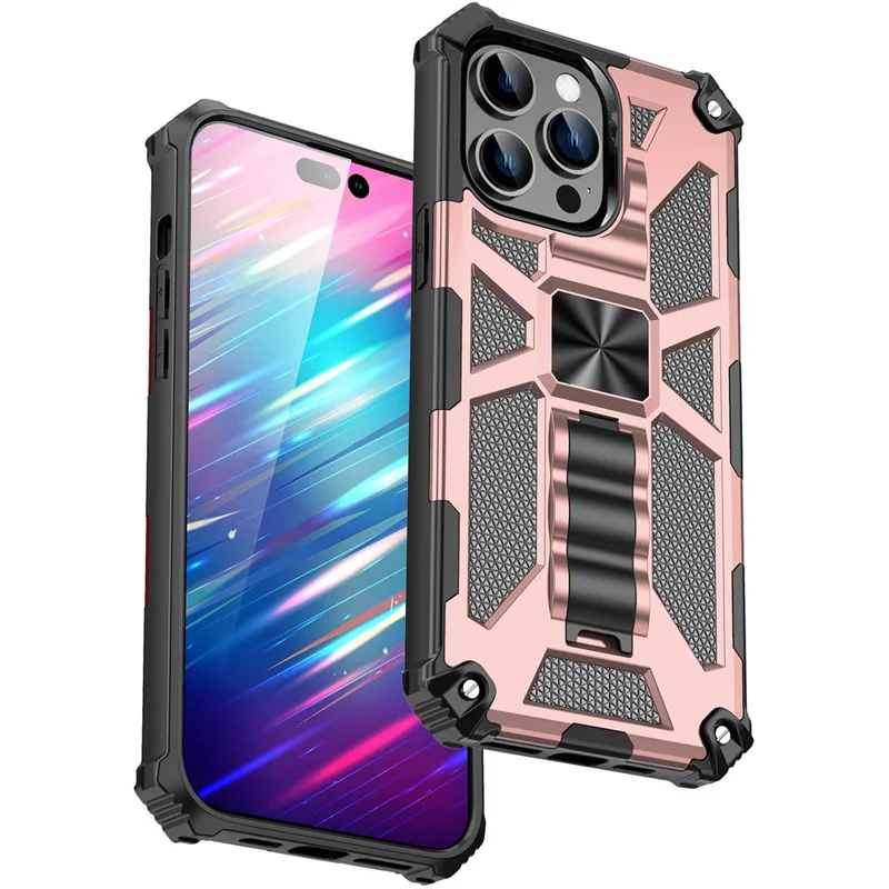 For iPhone 14 Pro 6.1 inch PC+TPU Shockproof Armor Cover Magnetic Bracket Anti-fall Kickstand Phone Cover - Rose Gold
