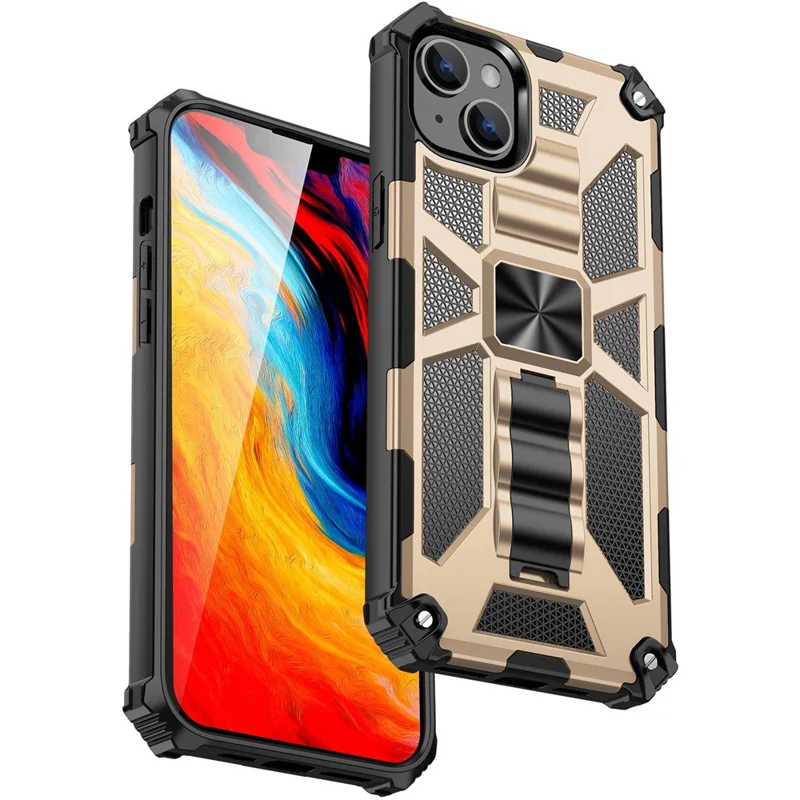 For iPhone 14 6.1 inch Shockproof TPU+PC Case Hybrid Impact Military Protective Cover with Kickstand - Gold