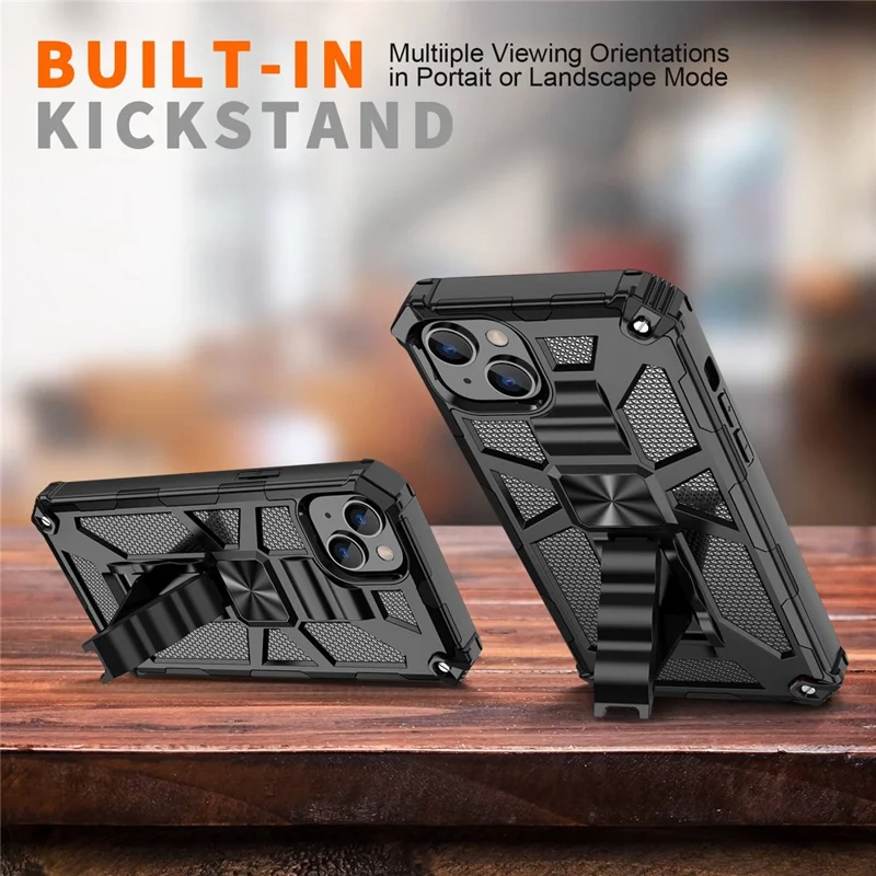 For iPhone 14 6.1 inch Shockproof TPU+PC Case Hybrid Impact Military Protective Cover with Kickstand - Gold