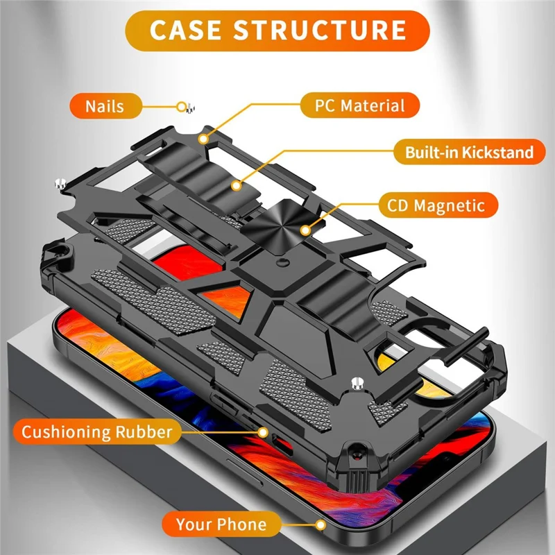 For iPhone 14 6.1 inch Shockproof TPU+PC Case Hybrid Impact Military Protective Cover with Kickstand - Gold