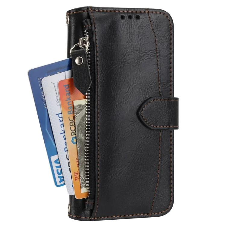 Para Google Pixel 7 5G Stand Wallet PU Leather + TPU Phone Case Zipper Pocket Magnetic Closing Shell com alças longas/curtas - Preto