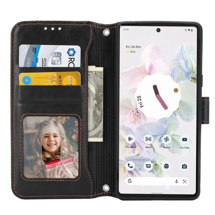 Para Google Pixel 7 5G Stand Wallet PU Leather + TPU Phone Case Zipper Pocket Magnetic Closing Shell com alças longas/curtas - Preto