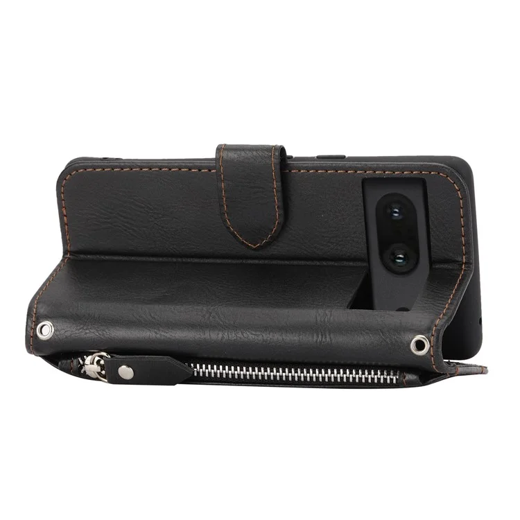 Para Google Pixel 7 5G Stand Wallet PU Leather + TPU Phone Case Zipper Pocket Magnetic Closing Shell com alças longas/curtas - Preto