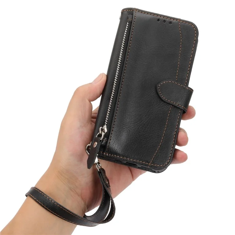 Para Google Pixel 7 5G Stand Wallet PU Leather + TPU Phone Case Zipper Pocket Magnetic Closing Shell com alças longas/curtas - Preto