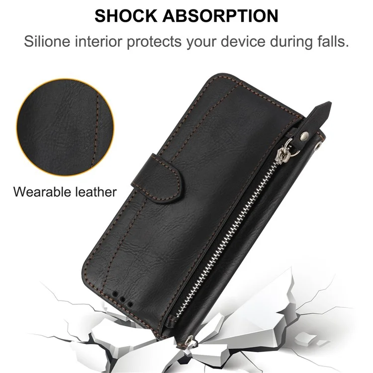 Para Google Pixel 7 5G Stand Wallet PU Leather + TPU Phone Case Zipper Pocket Magnetic Closing Shell com alças longas/curtas - Preto