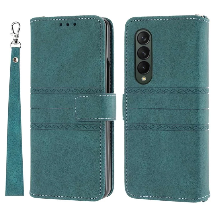 Для Samsung Galaxy Z Fold4 5G Imprinted Pattern PU Leather Case Full Protection Stand Wallet Phone Cover with Strap - Blackish Green