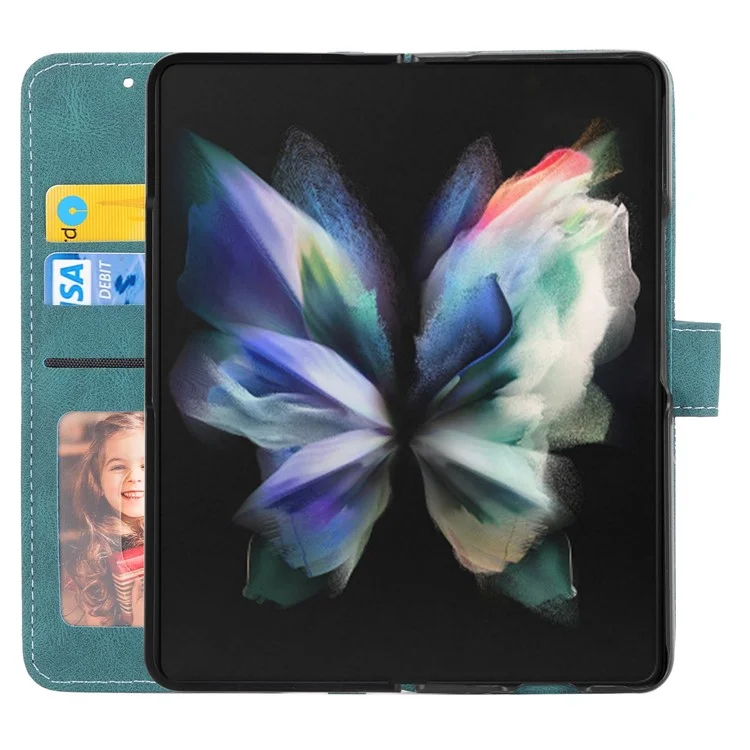 Для Samsung Galaxy Z Fold4 5G Imprinted Pattern PU Leather Case Full Protection Stand Wallet Phone Cover with Strap - Blackish Green