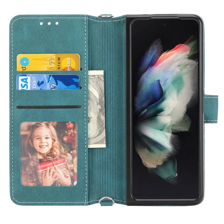 Для Samsung Galaxy Z Fold4 5G Imprinted Pattern PU Leather Case Full Protection Stand Wallet Phone Cover with Strap - Blackish Green