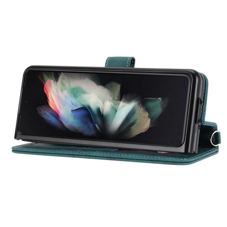Для Samsung Galaxy Z Fold4 5G Imprinted Pattern PU Leather Case Full Protection Stand Wallet Phone Cover with Strap - Blackish Green