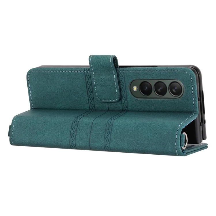 Для Samsung Galaxy Z Fold4 5G Imprinted Pattern PU Leather Case Full Protection Stand Wallet Phone Cover with Strap - Blackish Green