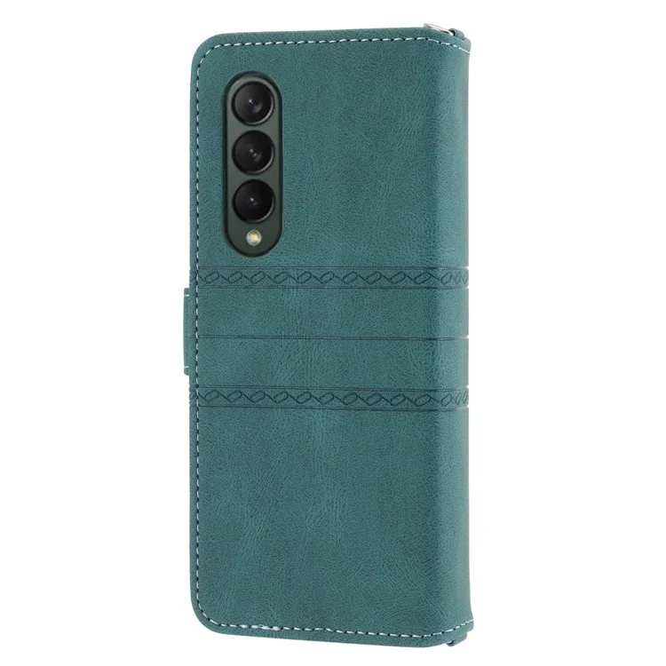 Для Samsung Galaxy Z Fold4 5G Imprinted Pattern PU Leather Case Full Protection Stand Wallet Phone Cover with Strap - Blackish Green
