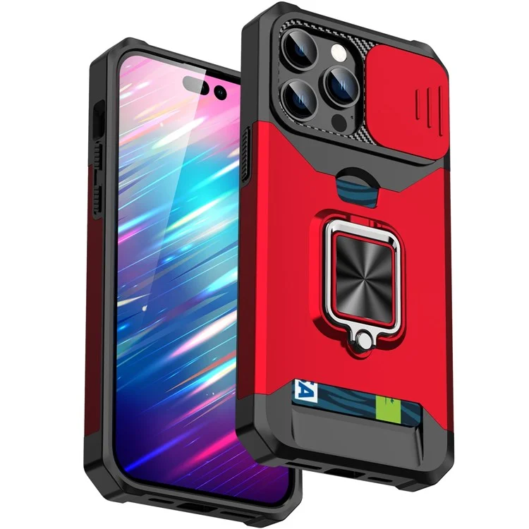 For iPhone 14 Pro Max 6.7 inch Slide Camera Lens Cover Card Slot Feature Case Kickstand Design Hard PC Soft TPU Hybrid Protective Phone Cover - Red