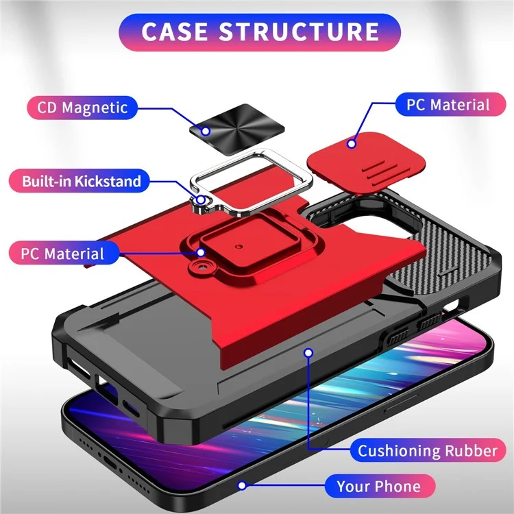 For iPhone 14 Pro Max 6.7 inch Slide Camera Lens Cover Card Slot Feature Case Kickstand Design Hard PC Soft TPU Hybrid Protective Phone Cover - Red