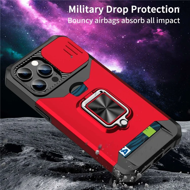 For iPhone 14 Pro Max 6.7 inch Slide Camera Lens Cover Card Slot Feature Case Kickstand Design Hard PC Soft TPU Hybrid Protective Phone Cover - Red