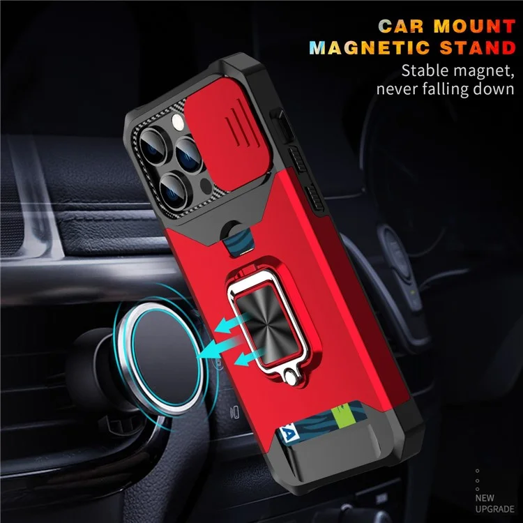 For iPhone 14 Pro Max 6.7 inch Slide Camera Lens Cover Card Slot Feature Case Kickstand Design Hard PC Soft TPU Hybrid Protective Phone Cover - Red
