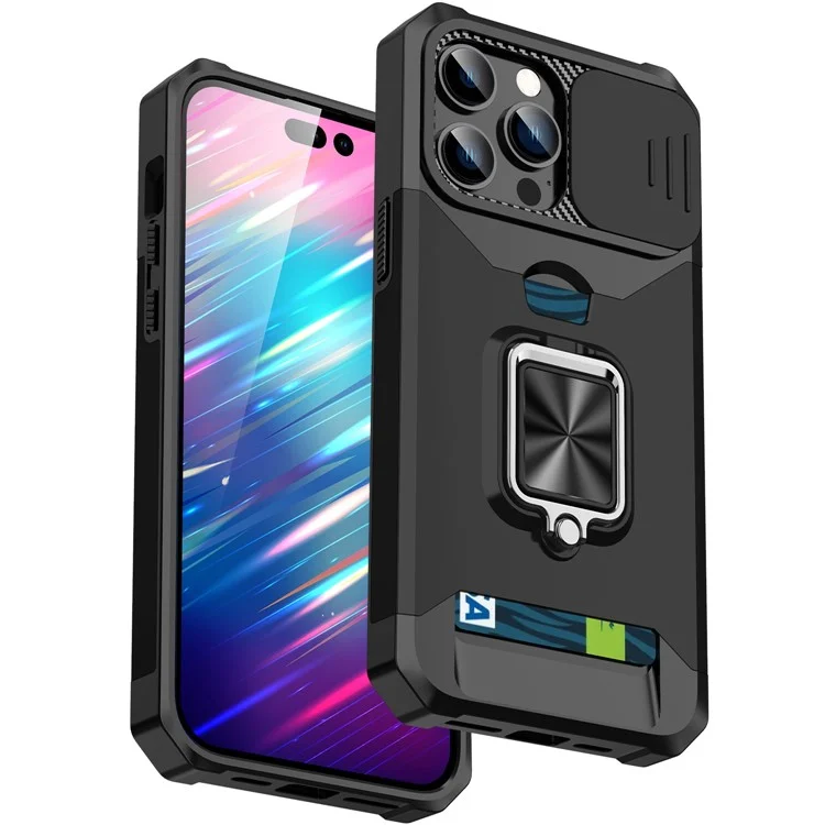 Per iPhone 14 Pro 6.1 pollici Slot per scheda Design Phone Case Hard PC Soft TPU Hybrid Slide Camera Lens Cover Design Supporto Posteriore Copertina - Nero