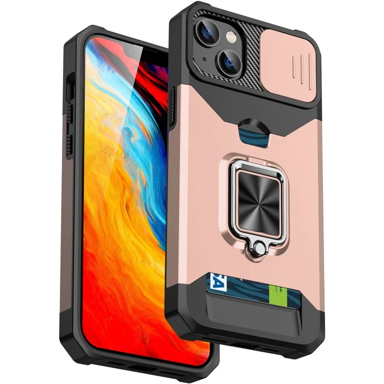 For iPhone 14 6.1 inch Hard PC Soft TPU Hybrid Cell Phone Case Wear-Resistant Slide Camera Lens Cover Design Kickstand Back Cover with Card Slot - Rose Gold