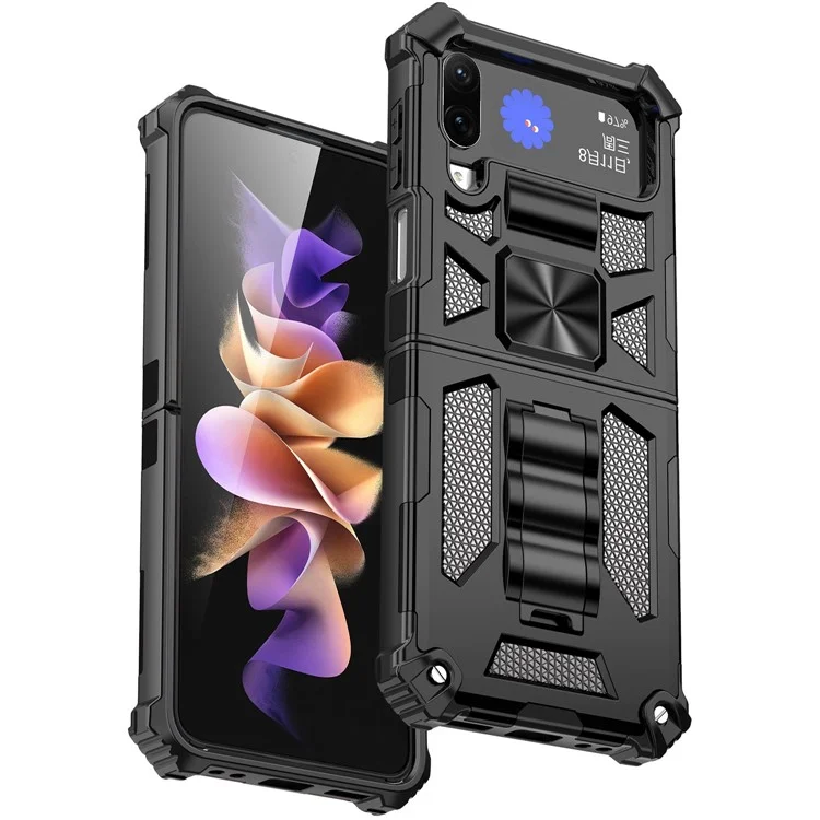 Для Samsung Galaxy Z Flip4 5G Kickstand Back Case Soft TPU+Hard PC Military Shockproof Protective Phone Cover - Черный