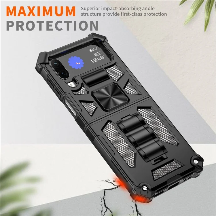 Для Samsung Galaxy Z Flip4 5G Kickstand Back Case Soft TPU+Hard PC Military Shockproof Protective Phone Cover - Черный