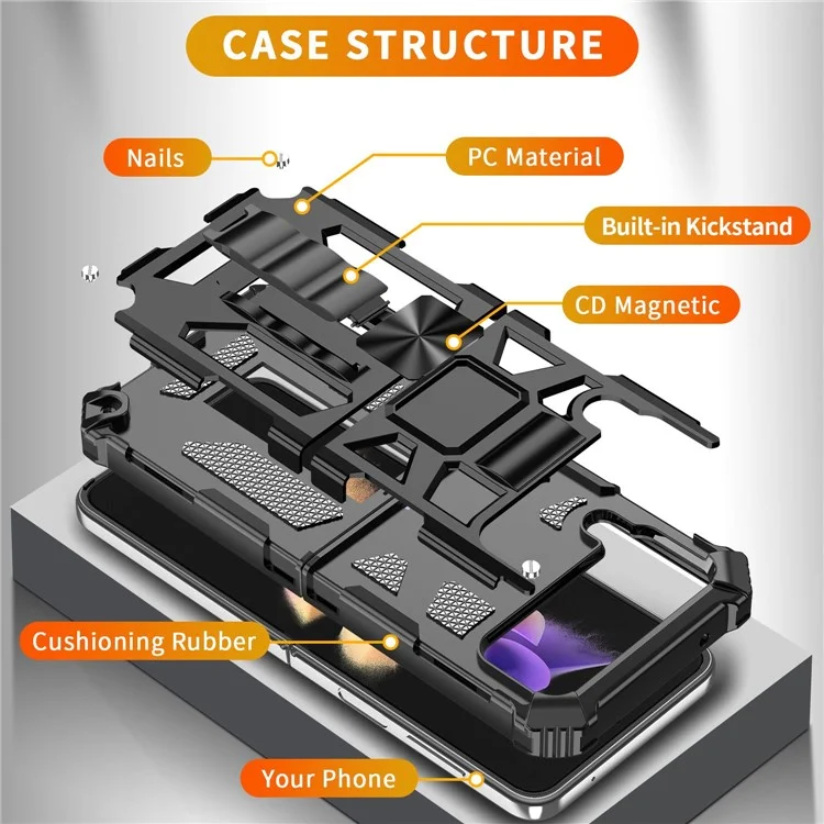 Для Samsung Galaxy Z Flip4 5G Kickstand Back Case Soft TPU+Hard PC Military Shockproof Protective Phone Cover - Черный