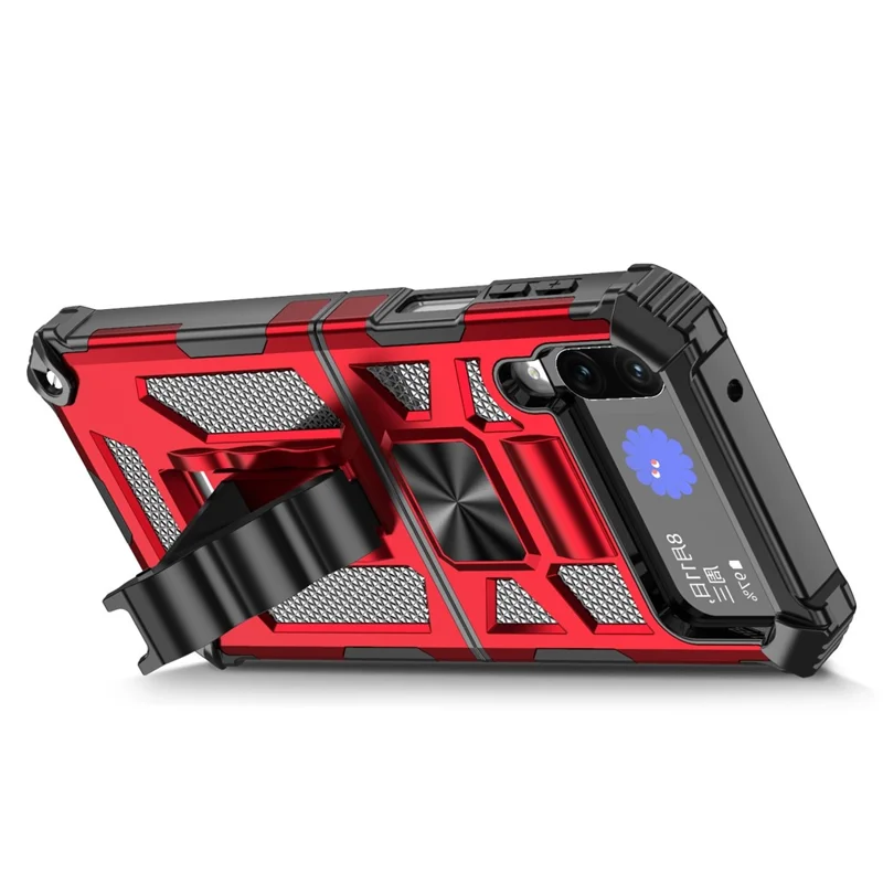 Für Samsung Galaxy Z Flip4 5G Kickstand Rückseite Soft TPU + Hard PC Military Stoßfeste Schutzhülle - Rot