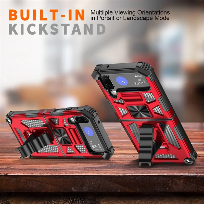 Für Samsung Galaxy Z Flip4 5G Kickstand Rückseite Soft TPU + Hard PC Military Stoßfeste Schutzhülle - Rot