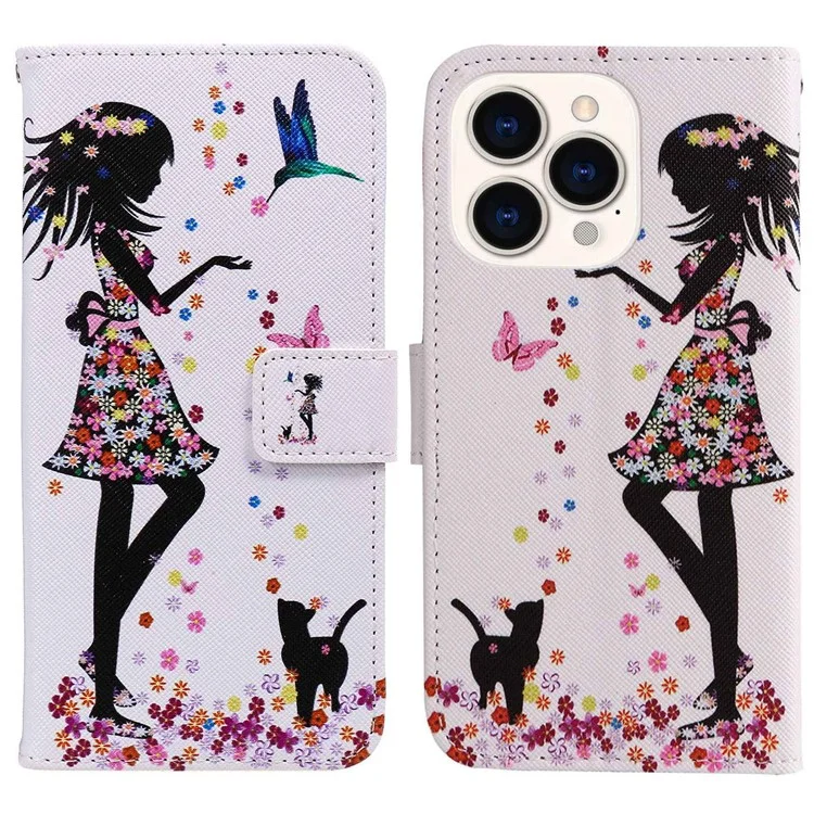 Pour Iphone 14 Pro 6,1 Pouces Patriage Impression en Cuir Série 2 Case de Téléphone à Étape Choc Socle Magnétique Couvrette de Portefeuille de Revers en Cuir pu - Femme et Chat