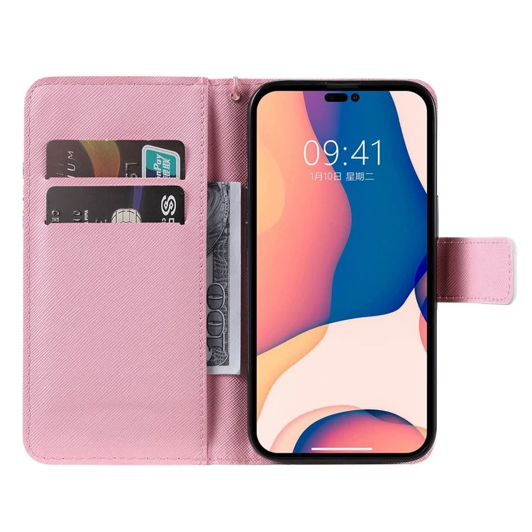Pour Iphone 14 Pro 6,1 Pouces Patriage Impression en Cuir Série 2 Case de Téléphone à Étape Choc Socle Magnétique Couvrette de Portefeuille de Revers en Cuir pu - Femme et Chat