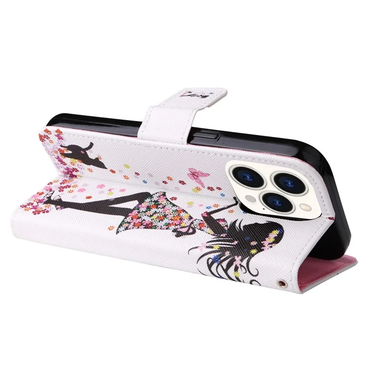 Pour Iphone 14 Pro 6,1 Pouces Patriage Impression en Cuir Série 2 Case de Téléphone à Étape Choc Socle Magnétique Couvrette de Portefeuille de Revers en Cuir pu - Femme et Chat