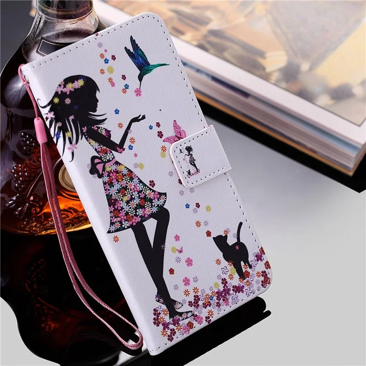 Pour Iphone 14 Pro 6,1 Pouces Patriage Impression en Cuir Série 2 Case de Téléphone à Étape Choc Socle Magnétique Couvrette de Portefeuille de Revers en Cuir pu - Femme et Chat