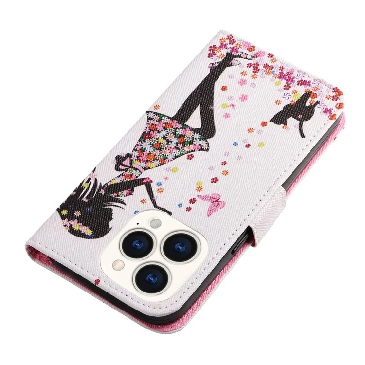 Pour Iphone 14 Pro 6,1 Pouces Patriage Impression en Cuir Série 2 Case de Téléphone à Étape Choc Socle Magnétique Couvrette de Portefeuille de Revers en Cuir pu - Femme et Chat