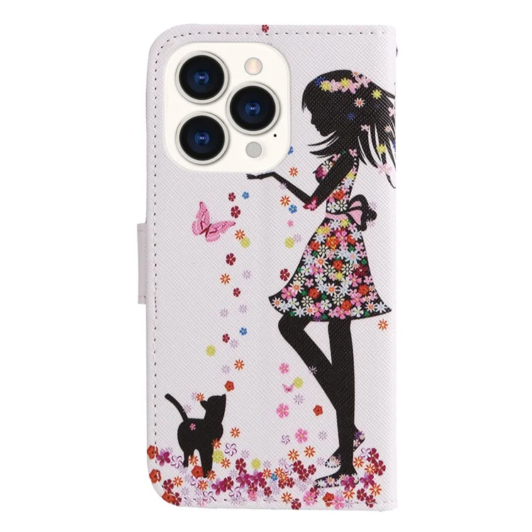 Pour Iphone 14 Pro 6,1 Pouces Patriage Impression en Cuir Série 2 Case de Téléphone à Étape Choc Socle Magnétique Couvrette de Portefeuille de Revers en Cuir pu - Femme et Chat