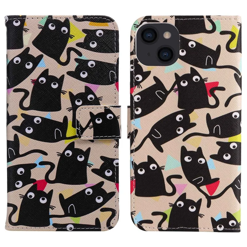 For iPhone 14 Plus Pattern Printing Leather Series-2 Shockproof Phone Flip Wallet Case Stand Anti-scratch Magnetic Clasp PU Leather Protective Cover - Cat