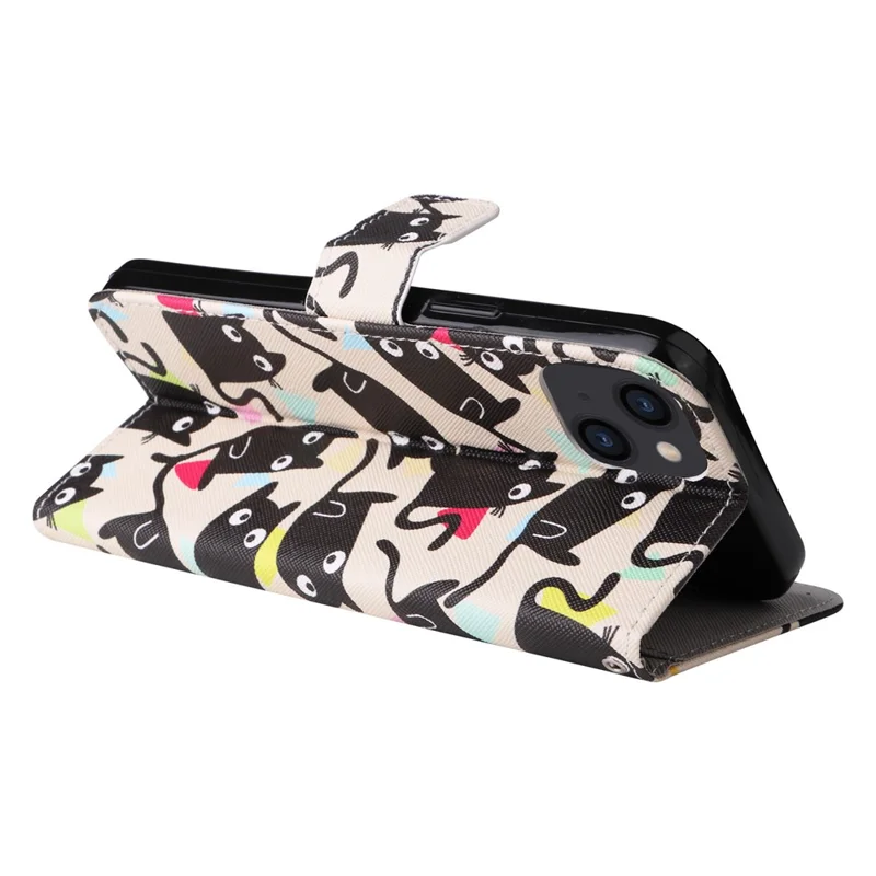 For iPhone 14 Plus Pattern Printing Leather Series-2 Shockproof Phone Flip Wallet Case Stand Anti-scratch Magnetic Clasp PU Leather Protective Cover - Cat