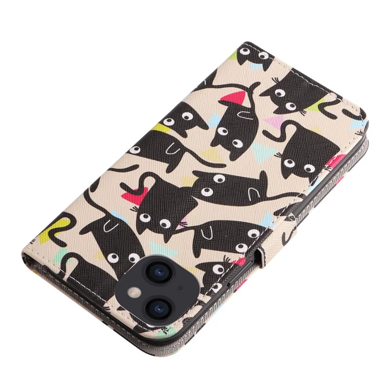 For iPhone 14 Plus Pattern Printing Leather Series-2 Shockproof Phone Flip Wallet Case Stand Anti-scratch Magnetic Clasp PU Leather Protective Cover - Cat