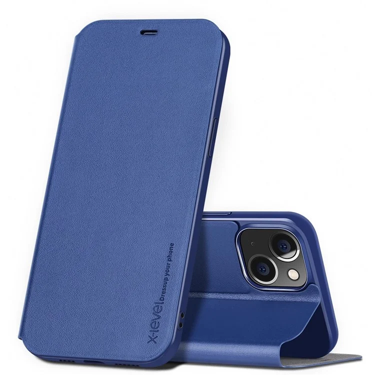 X-LEVEL Colorful-2 Series For iPhone 14 Plus Phone Flip Cover Stand Full Covering PU Leather Mobile Phone Case - Dark Blue
