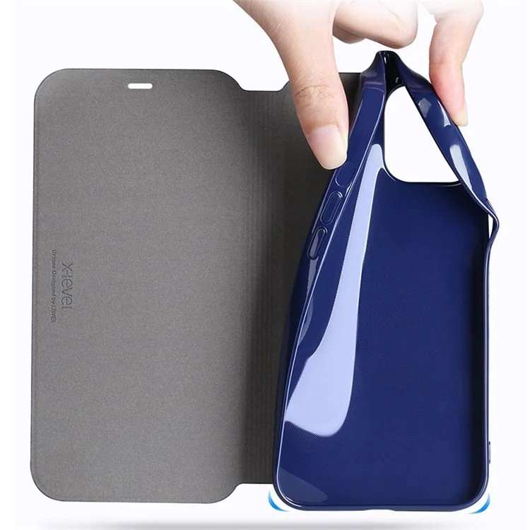 X-LEVEL Colorful-2 Series For iPhone 14 Plus Phone Flip Cover Stand Full Covering PU Leather Mobile Phone Case - Dark Blue