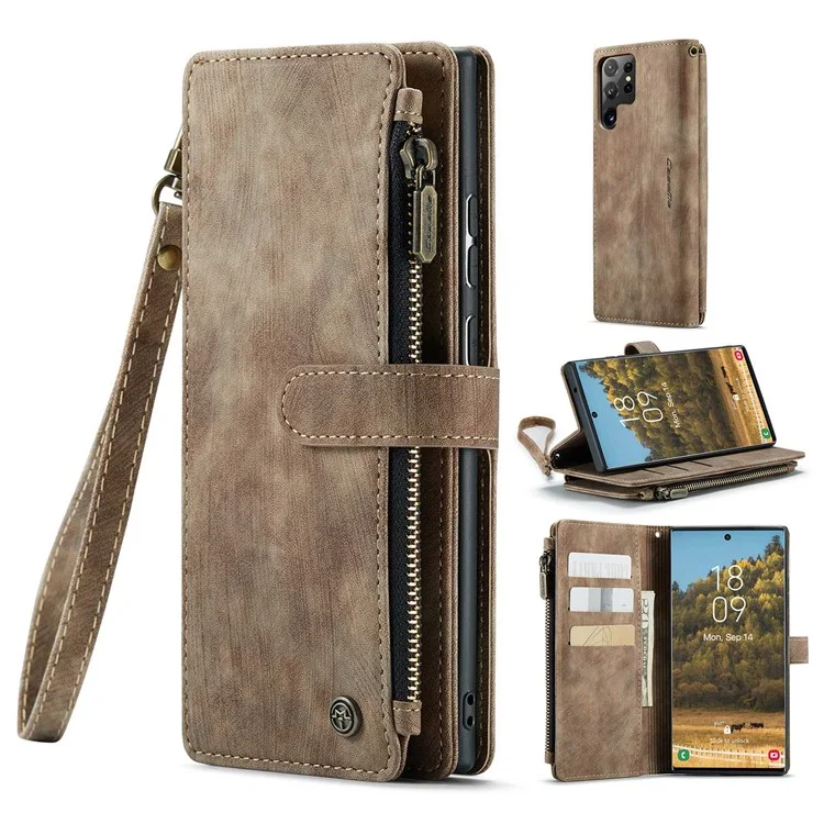 For Samsung Galaxy S22 Ultra 5G Phone Cases with Strap CASEME C30 Zipper Multiple Card Holder PU Leather Cover - Brown