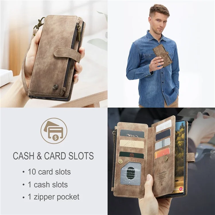 For Samsung Galaxy S22 Ultra 5G Phone Cases with Strap CASEME C30 Zipper Multiple Card Holder PU Leather Cover - Brown