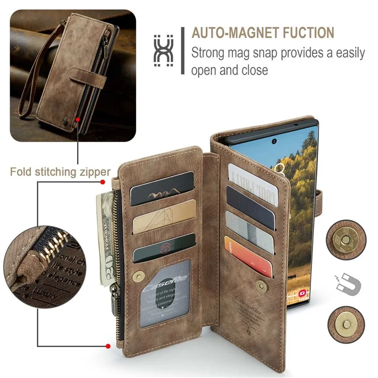 For Samsung Galaxy S22 Ultra 5G Phone Cases with Strap CASEME C30 Zipper Multiple Card Holder PU Leather Cover - Brown