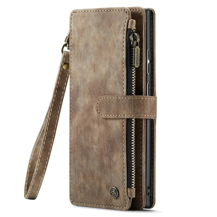 For Samsung Galaxy S22 Ultra 5G Phone Cases with Strap CASEME C30 Zipper Multiple Card Holder PU Leather Cover - Brown