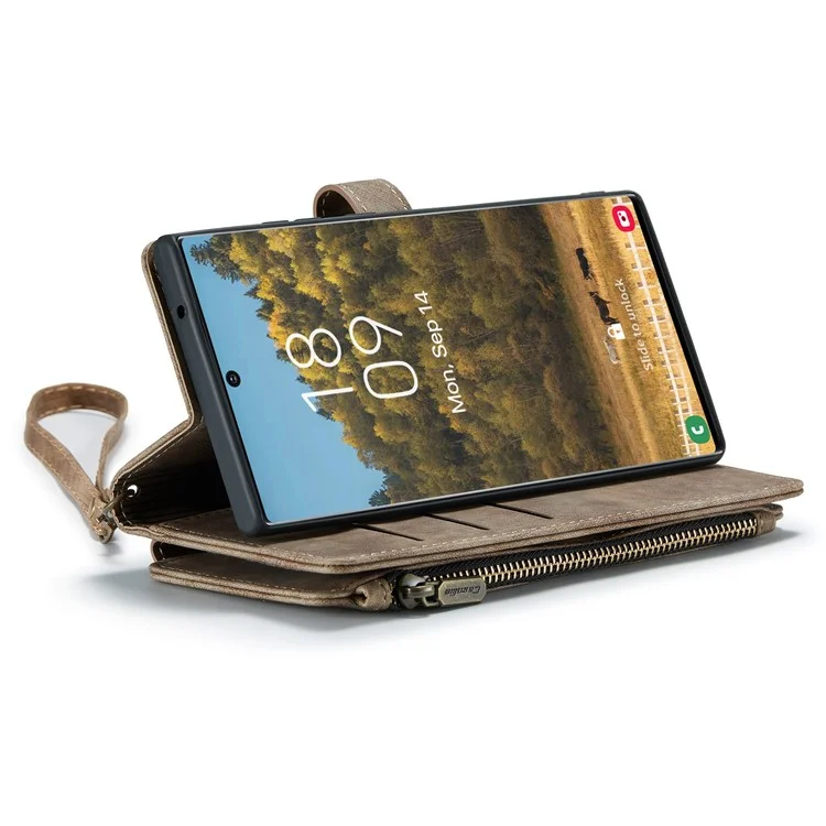 For Samsung Galaxy S22 Ultra 5G Phone Cases with Strap CASEME C30 Zipper Multiple Card Holder PU Leather Cover - Brown