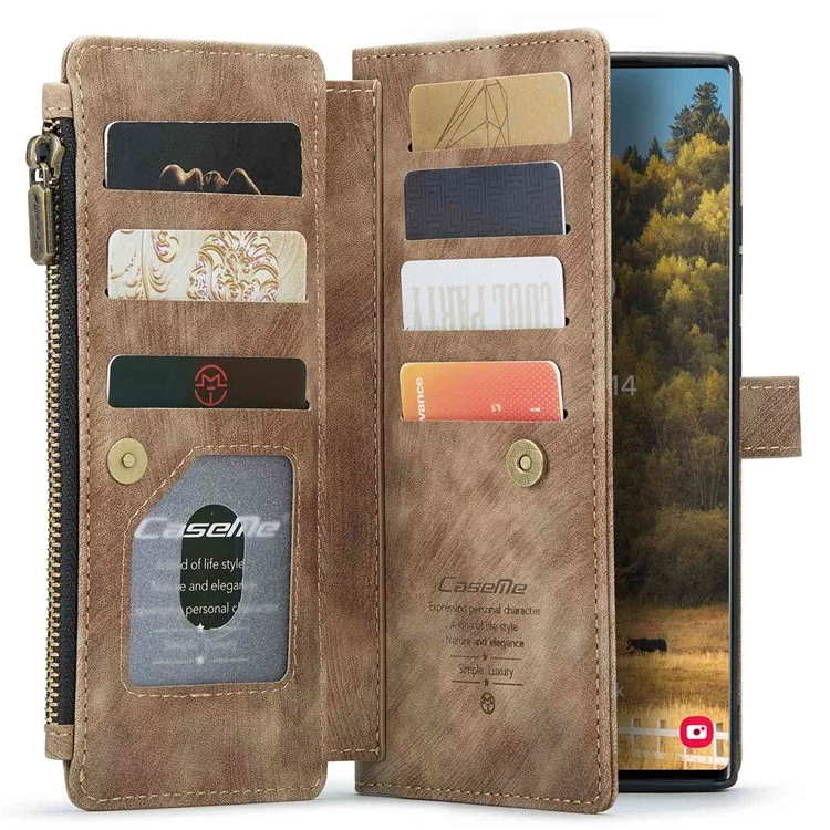 For Samsung Galaxy S22 Ultra 5G Phone Cases with Strap CASEME C30 Zipper Multiple Card Holder PU Leather Cover - Brown