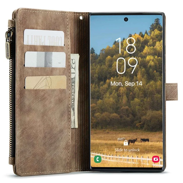 For Samsung Galaxy S22 Ultra 5G Phone Cases with Strap CASEME C30 Zipper Multiple Card Holder PU Leather Cover - Brown