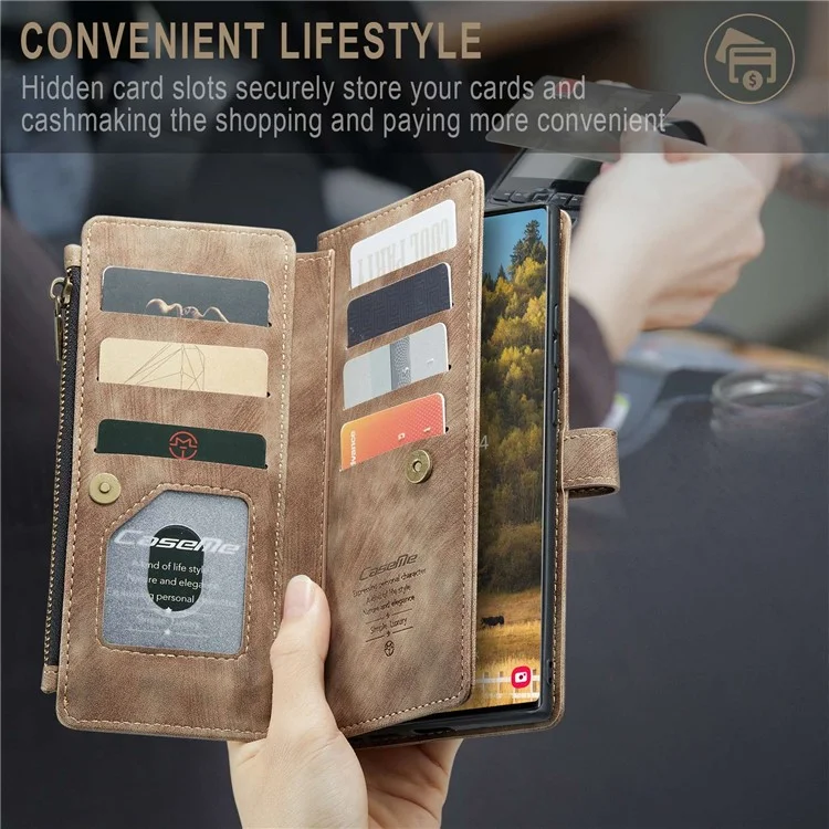 For Samsung Galaxy S22 Ultra 5G Phone Cases with Strap CASEME C30 Zipper Multiple Card Holder PU Leather Cover - Brown