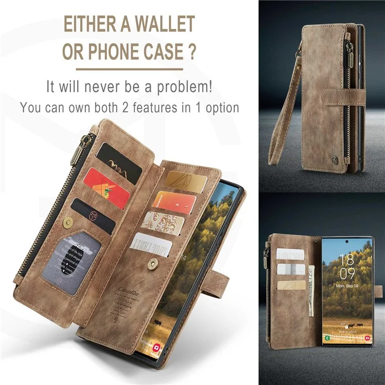 For Samsung Galaxy S22 Ultra 5G Phone Cases with Strap CASEME C30 Zipper Multiple Card Holder PU Leather Cover - Brown