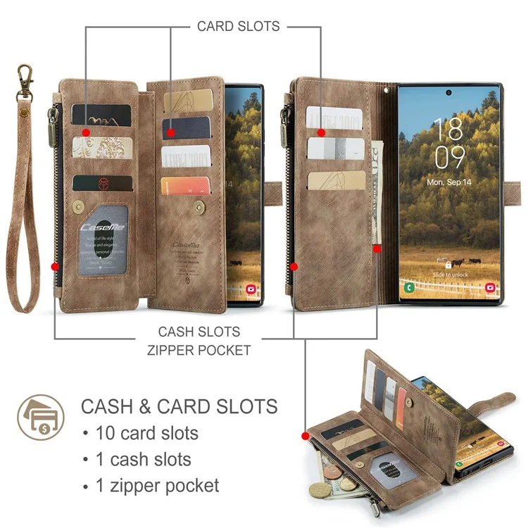For Samsung Galaxy S22 Ultra 5G Phone Cases with Strap CASEME C30 Zipper Multiple Card Holder PU Leather Cover - Brown